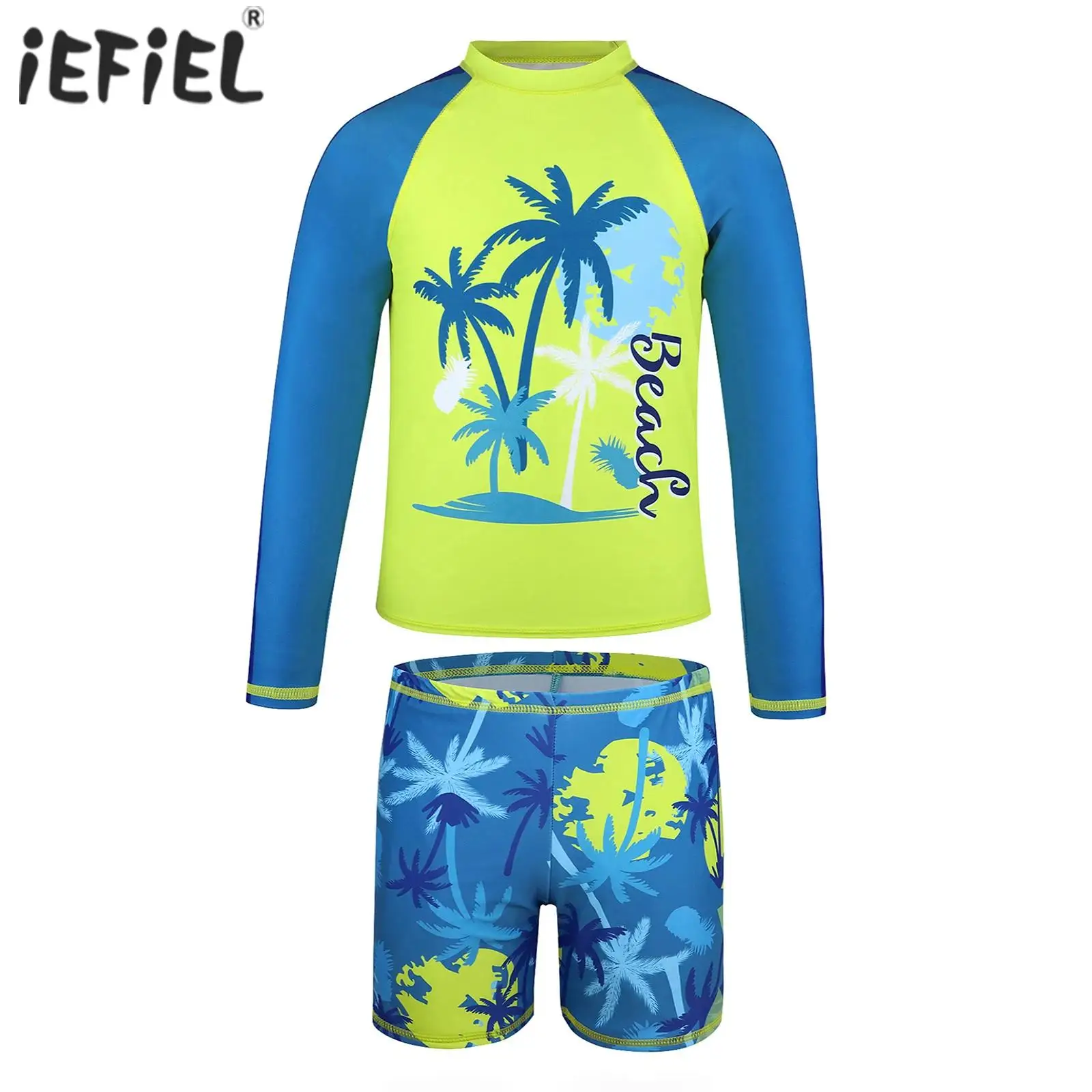 

Boys Two Pieces Rash Guard Swimsuit Set Long Sleeves Swim Tops and Trunks Set Tropical Print Swimwear Summer Beach Bathing Suit