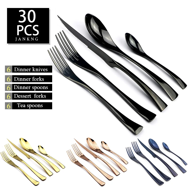 JANKNG 30Pcs Cutlery Sets Stainless Steel Black Dinnerware Serrated Sharp Steak Knife Tableware Mirror Flatware Dropship