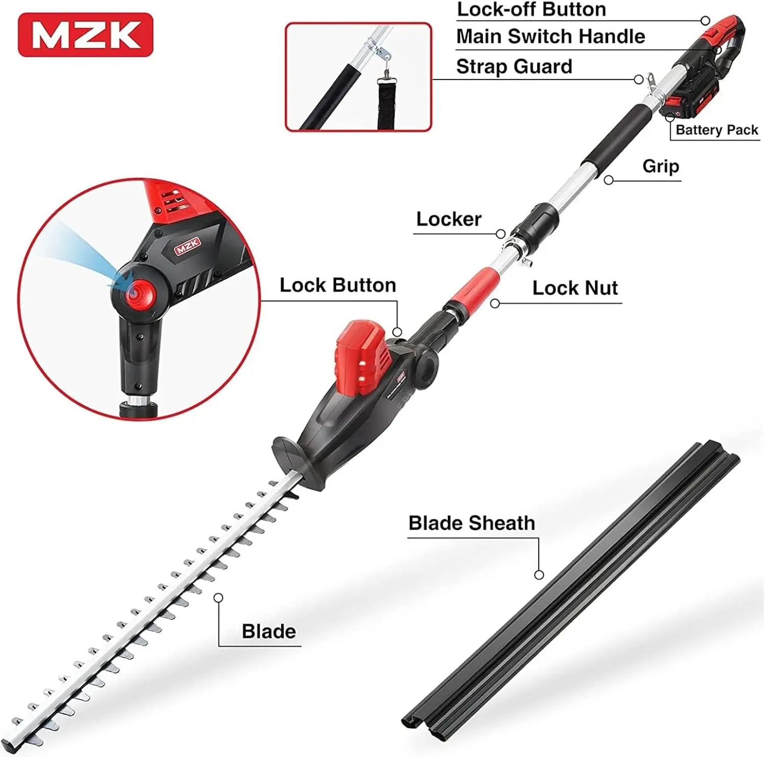 20V MAX 22.4-inch Cordless Pole Hedge Trimmer Attachment, 8-Feet Reach, Electric Hedge Trimmer with Extension Pole, Multi-Angle