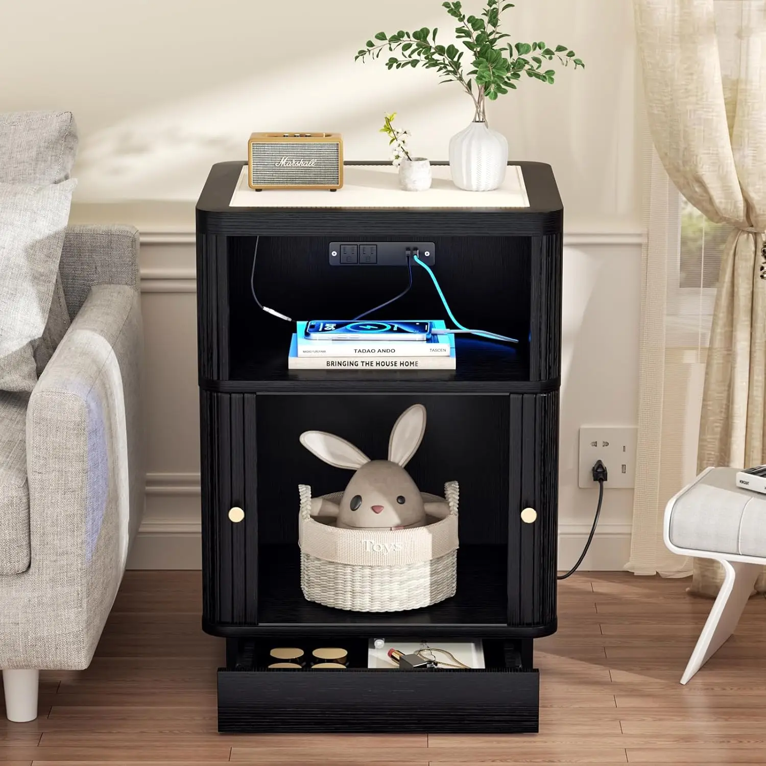 Night Stand With Charger Station, Modern Nightstand Set Of 2 With Hidden Drawer, Saddle Leather Top, Smart LED, And, Customized - view 2