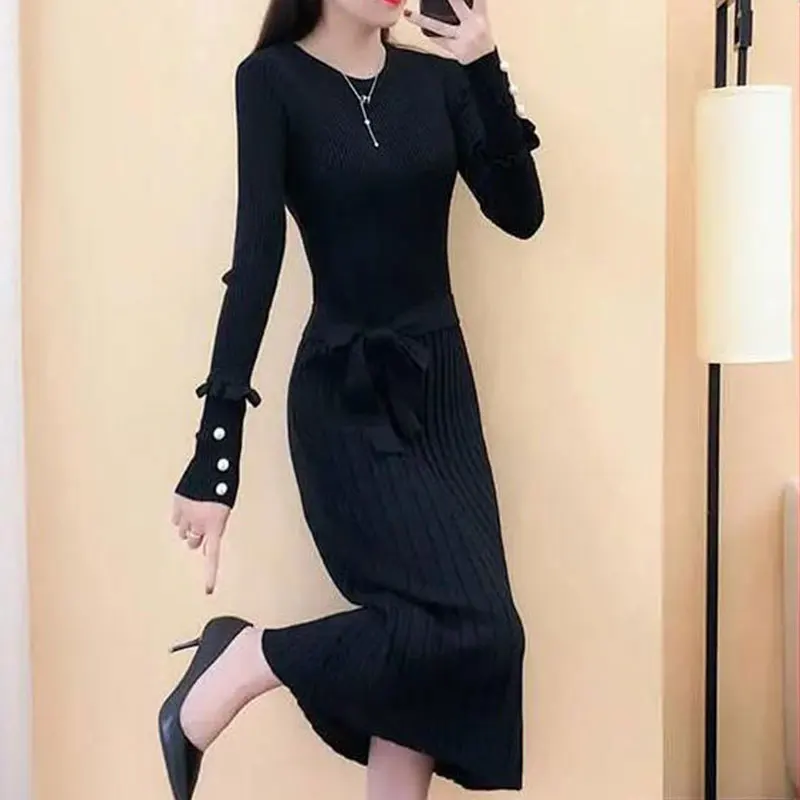 Women's Autumn New Style Fashion Office Lady Simplicity Lacing O-neck Long Sleeve Dress Women Clothes Temperament Knitted Dress