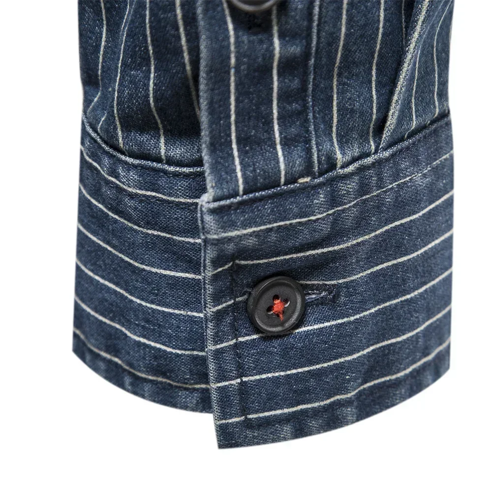 Marca de luxo algodão dos homens denim camisas listrado estiramento manga longa jeans camisas para homens blusas qualidade casual magro camisas cowboy