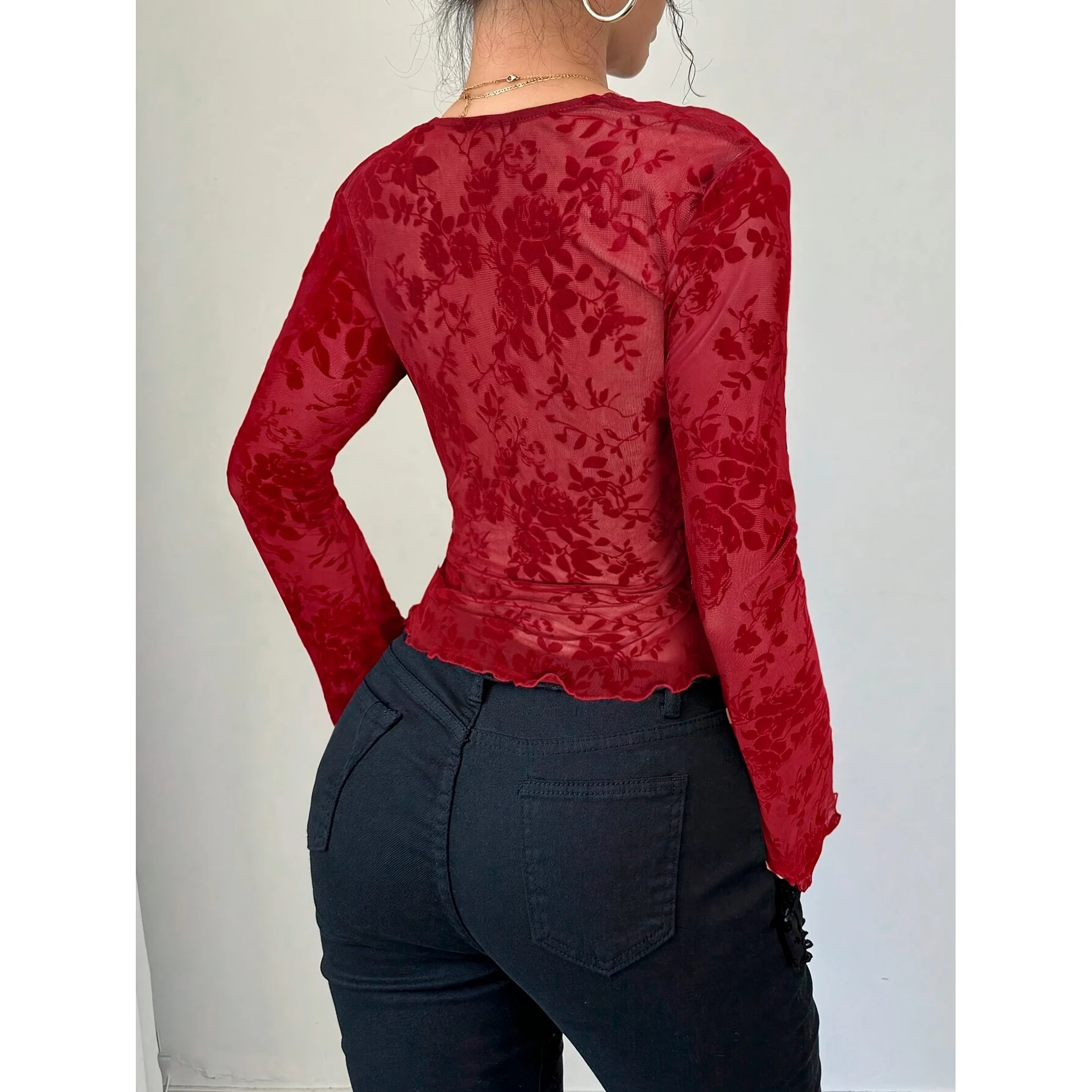 Ele Sle Damen V-Ne Lace Panel Me Sve T-Shirt Top Faionable Bell Sve Long Sve Geometrisch gemustert