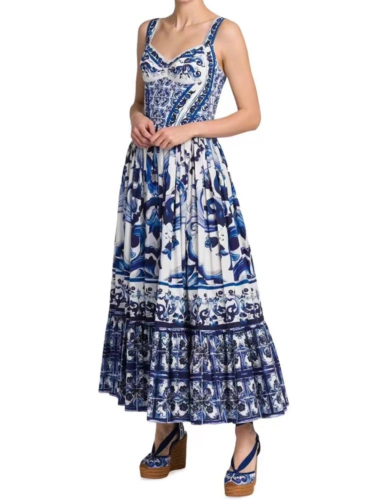 

Delocah High Quality Summer Women Fashion Runway Midi Dress Sexy Strap Blue And White Porcelain Print Big Swing Holiday Dresses