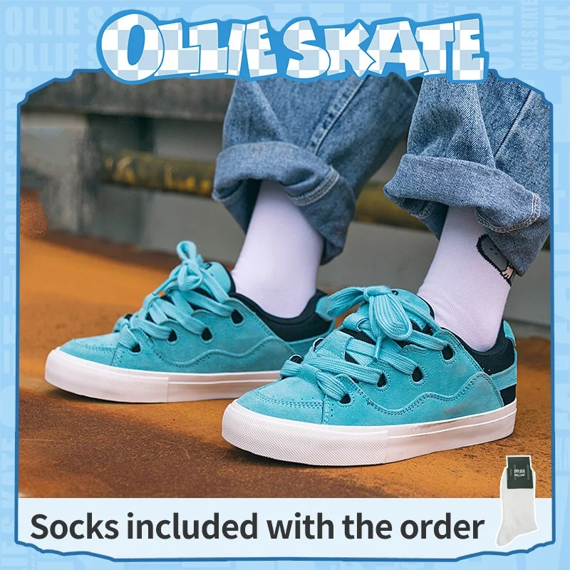 Ollieskate BAKE Bread Shoes Blue Black Suede Color Block Patchwork chunky Sole Skateboard Shoes Unisex Sneakers For Men Women