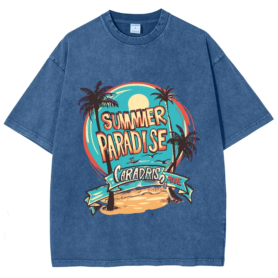 American Retro Beach Landscape Print Women's Washed T-Shirt Oversized Cotton Comfortable Short Sleeve Student Casual Street Top