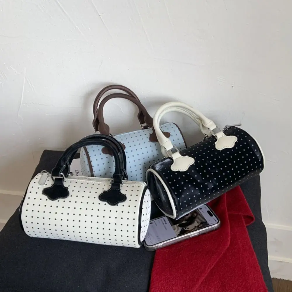 

Fashion French Style Polka Dot Bowling Bag Elegant Large Capacity Boston Shoulder Bag Cute PU Leather Women Handbags School