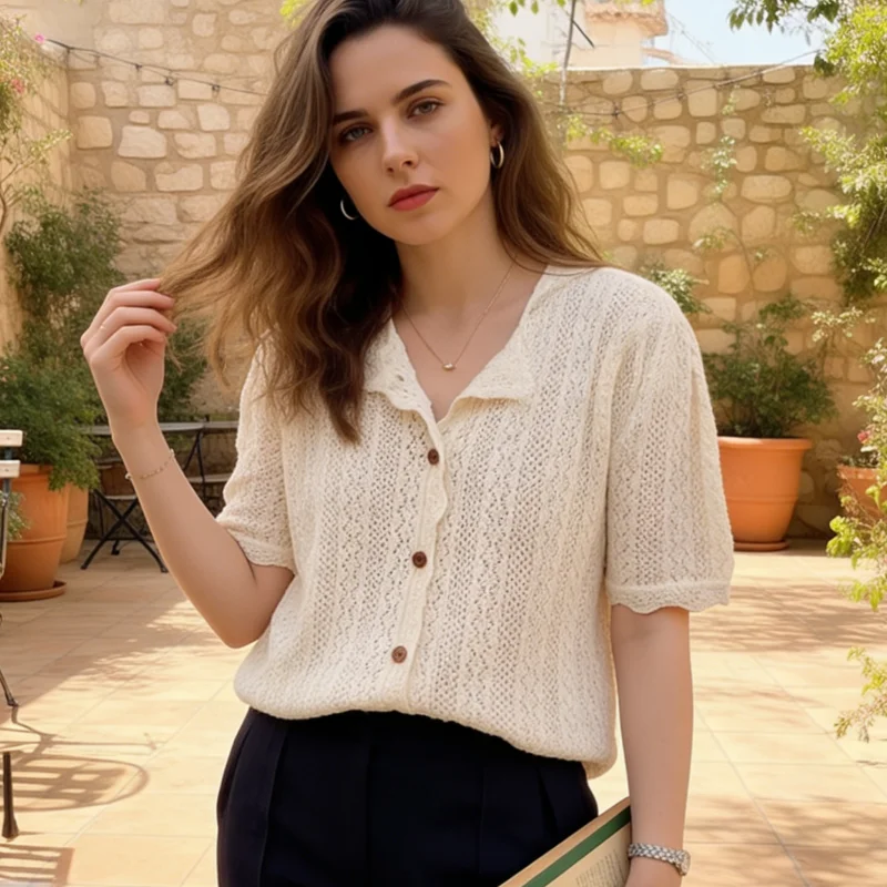 

2026 Summer New Women's Collar Solid Color Knitted Shirt Elegant Short Sleeved Cardigan Top Casual Hollow Out Bloues
