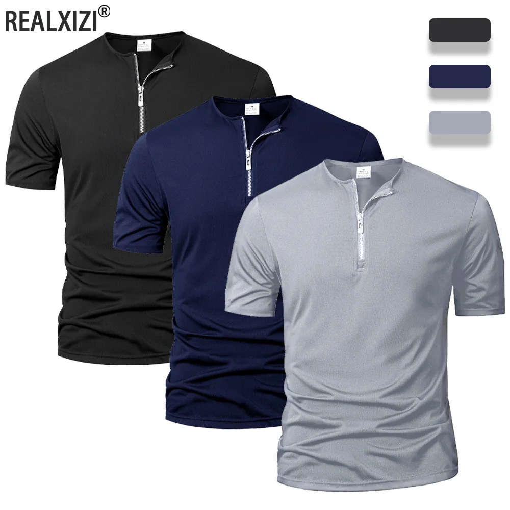 

Новая мужская однотонная повседневная футболка, летняя футболка с воротником на молнии и коротким рукавом, свободная дышащая повседневная уличная одежда, уличный мужской топ