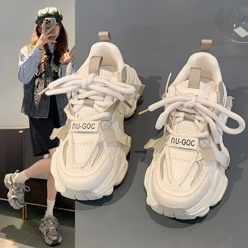 Women\'s Chunky Sneakers Breathable Mesh Platform Sports Shoes Woman Fashion Lace Up Thick Sole Casual Shoes Mujer 2024