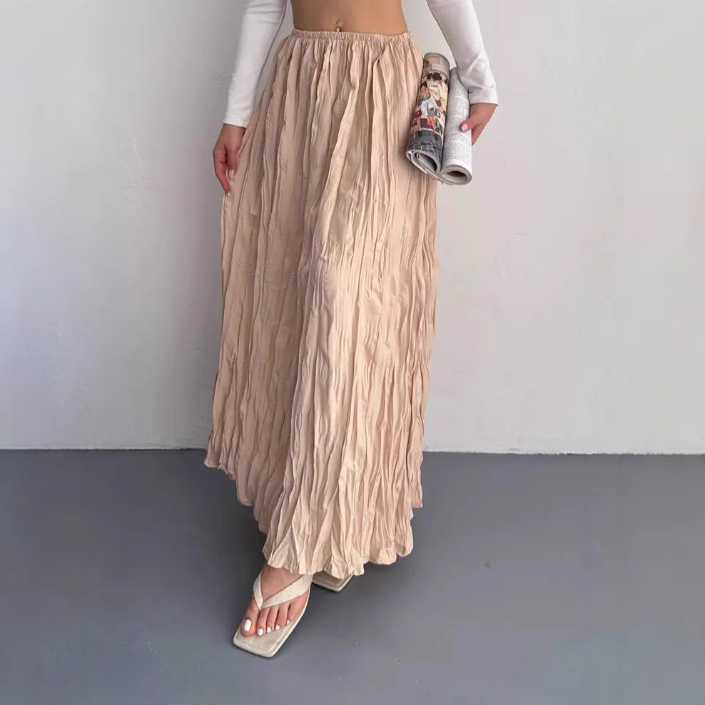Half length skirt 2025 new women's loose and slimming dress flowing and hanging, wrinkled half length skirt
