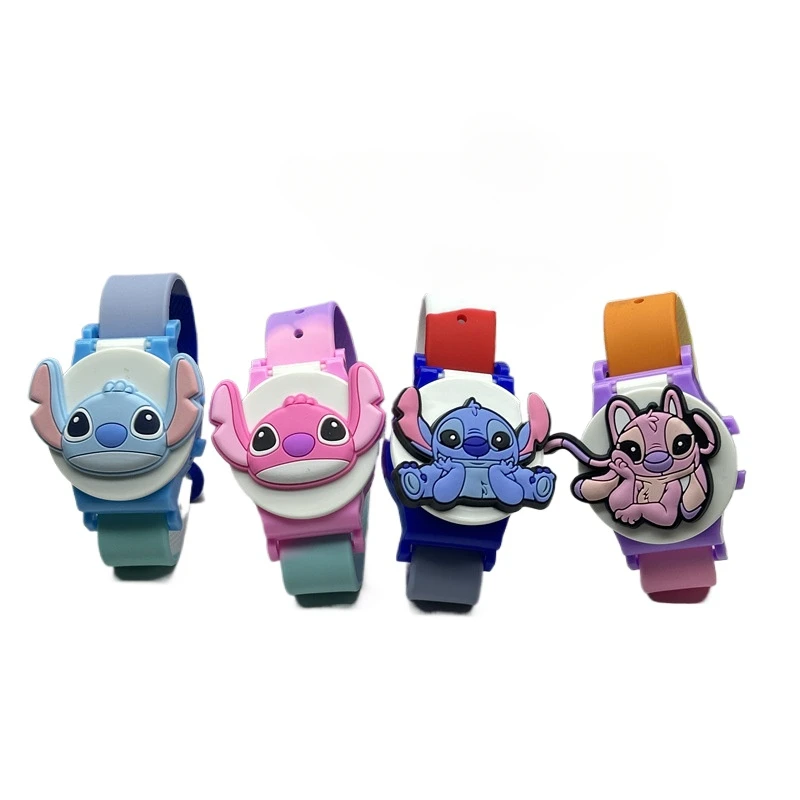 Disney Cartoon Wristwatches for Children Blue Stitch Watch for Kids Flip Cover  Silica Gel Watches 4PCS Set Blue Pink Purple