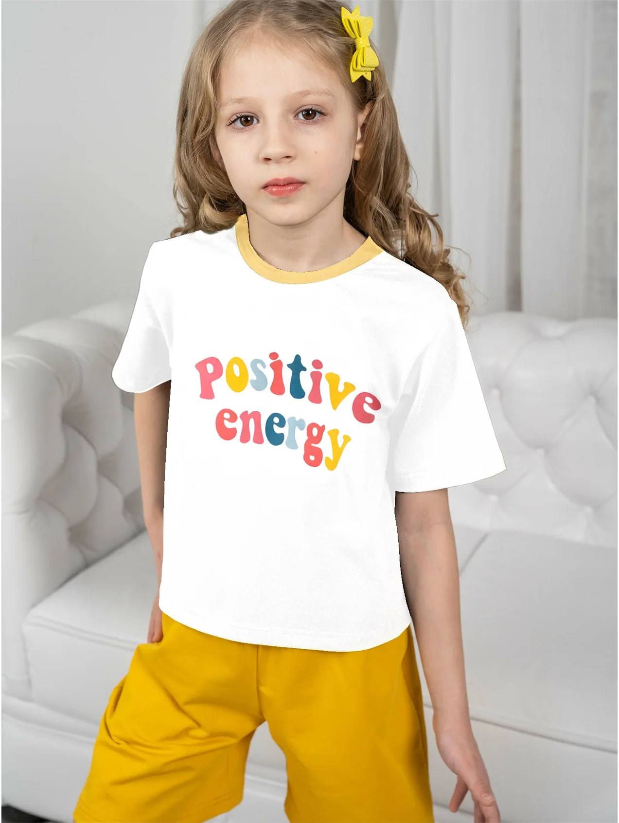 

5 To14 Years Girl Clothes Positive Energy Letter Print White T-shirt Children's Clothing Kids Summer Short Sleeve Child Top 2024