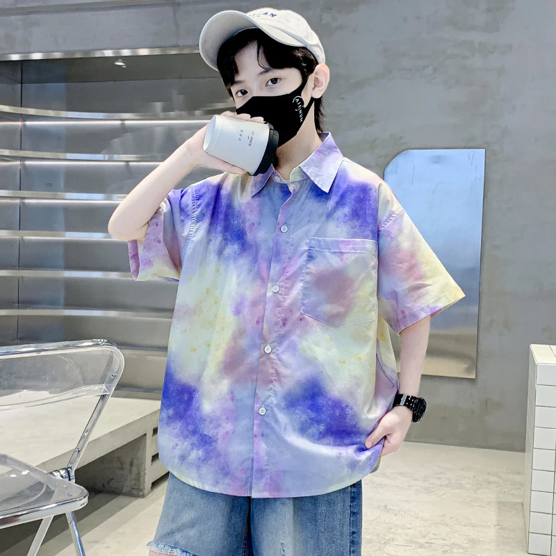 Kids Shorts Sleeve Colored Tie Dye Cotton Shirt For School Boys Fashion Street Blouse Outfits Child Luxury Summer Clothing 5-14Y