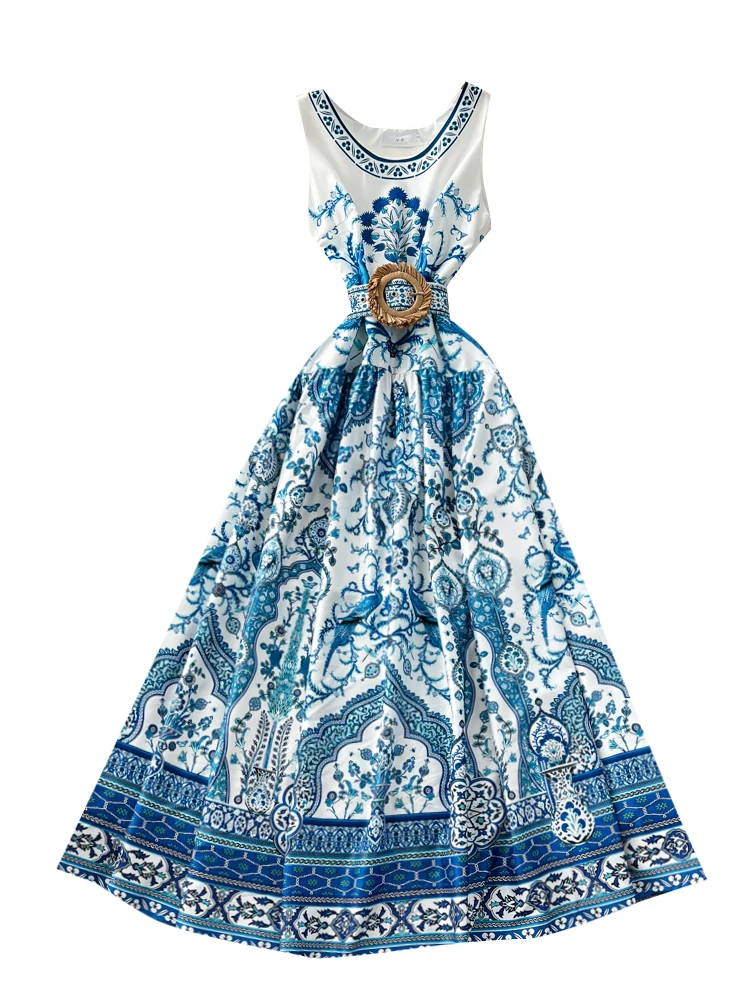 เดรสยาวพิมพ์ลายเอวสูงสำหรับผู้หญิง ดีไซน์ผูกเอวทันสมัย เหมาะสำหรับฤดูร้อนและใส่ไปทำงาน