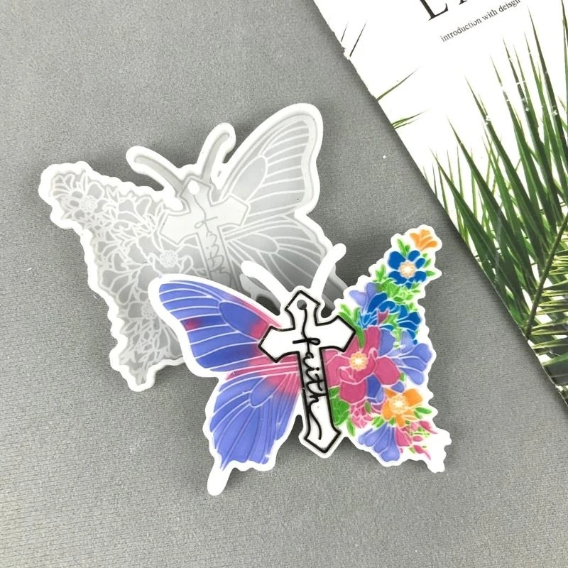 Shiny Keychain Resin Mold Crucifix-Butterfly Silicone Casting Molds for DIY Keychain Pendant Decoration Homemade Earring