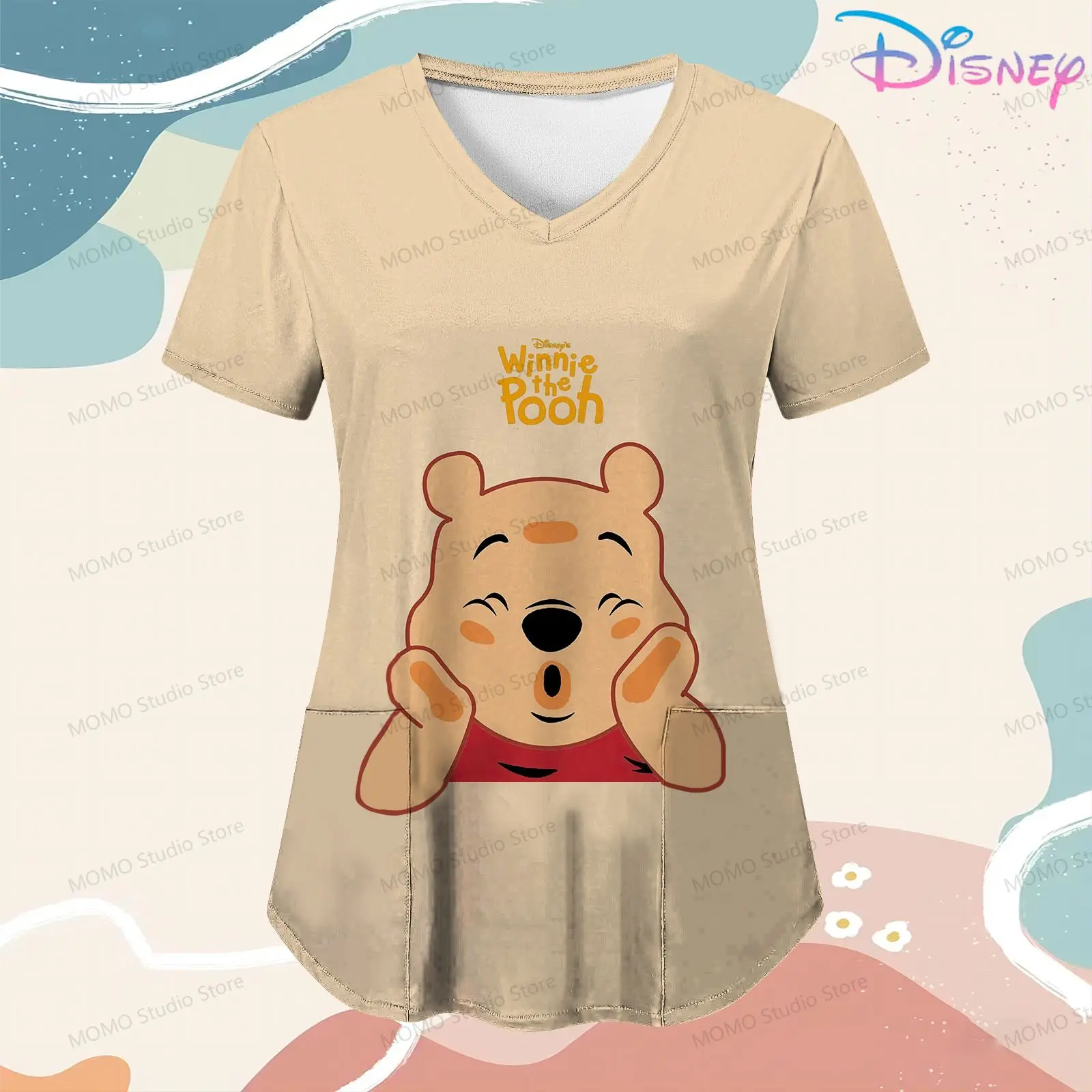 

Winnie Pooh Tshirt Disney Y2k Clothes Women's Nurse Uniform T-Shirt Pocket Anime S-2XL Hospital V Neck Cute New 2024 Tops Woman