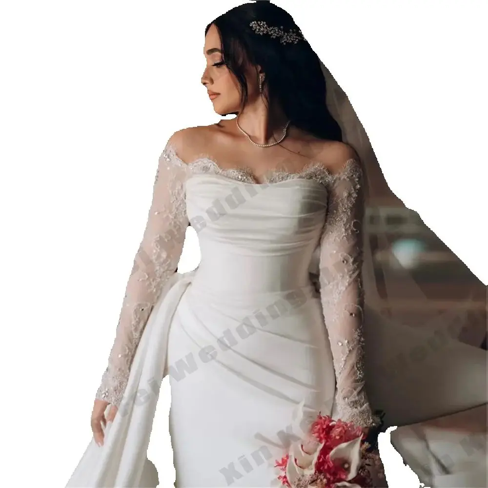 Elfenbein Damen Satin Brautkleider Meerjungfrau Elegante Spitze Langarm Prinzessin Ball Brautkleider Formelle Party Maßgeschneiderte Vestidos