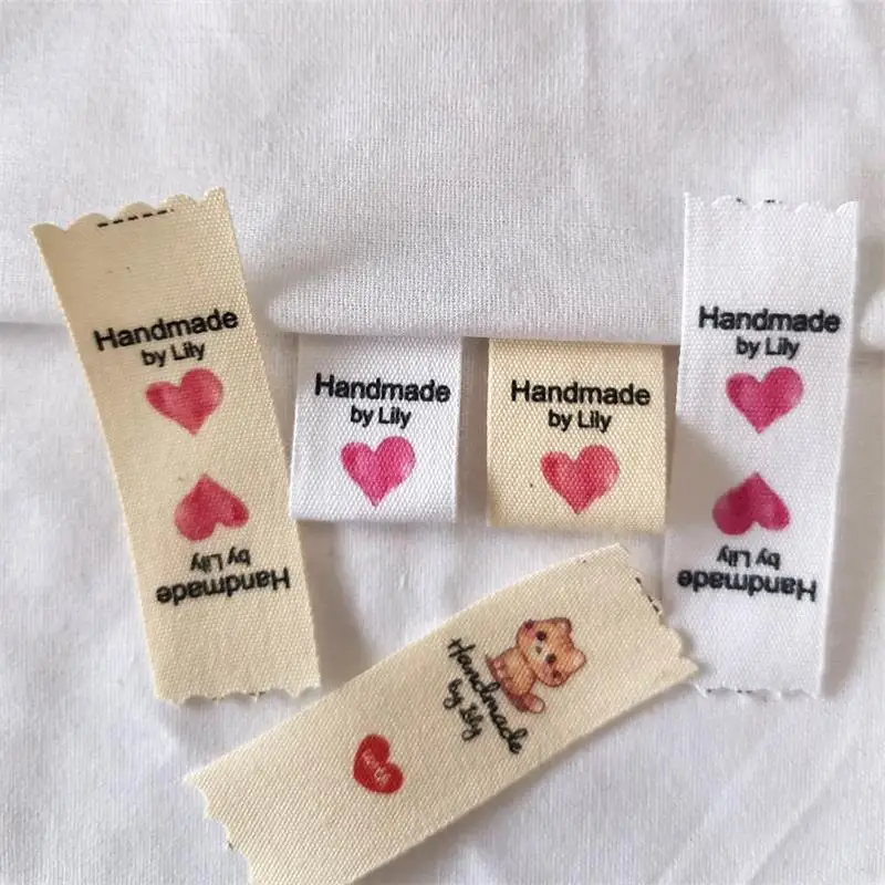 15X50mm Niestandardowe personalizowane etykiety bawełniane Odzież Prywatna marka Tag Ręcznie robione etykiety Bawełniany kolorowy nadruk Nazwa Etykiety marki