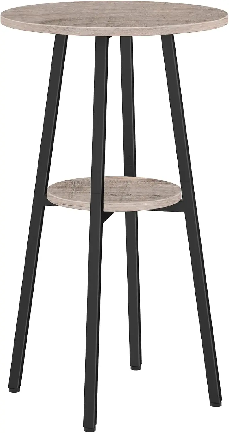 Round Pub Table with Storage, 2-Tier Bistro Table for Small Spaces, Easy to Assemble in Greige