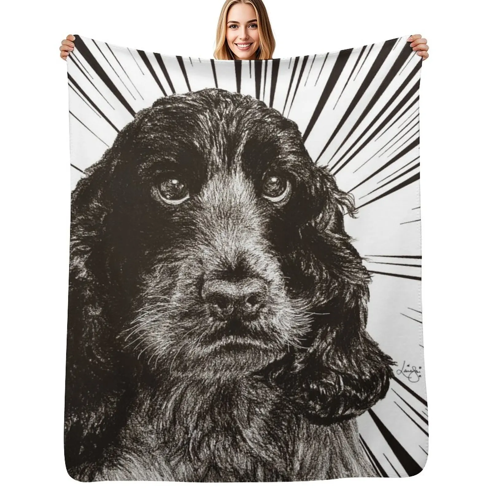 Cocker Spaniel Art, Blue roan, Manta de felpa con dibujo en blanco y negro, manta de felpa para sofá y silla