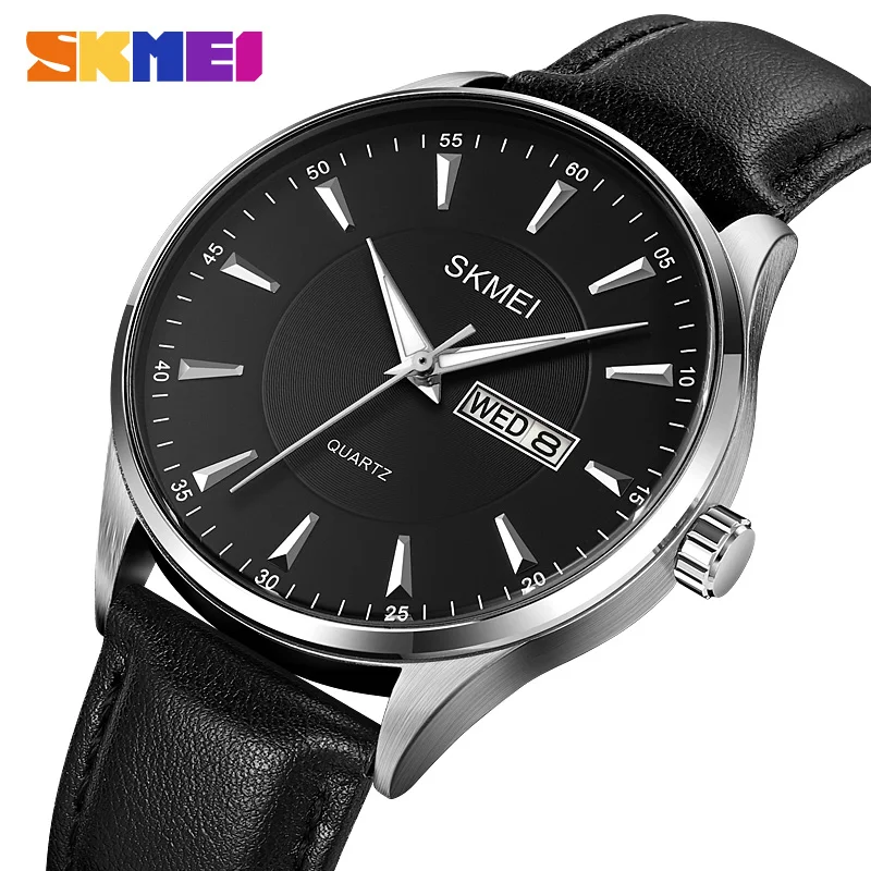 SKMEI New Reloj Hombre Men's Watch Leather Strap Watch For Mens Male Fashion Quartz Wristwatches Waterproof Date Week Clcok