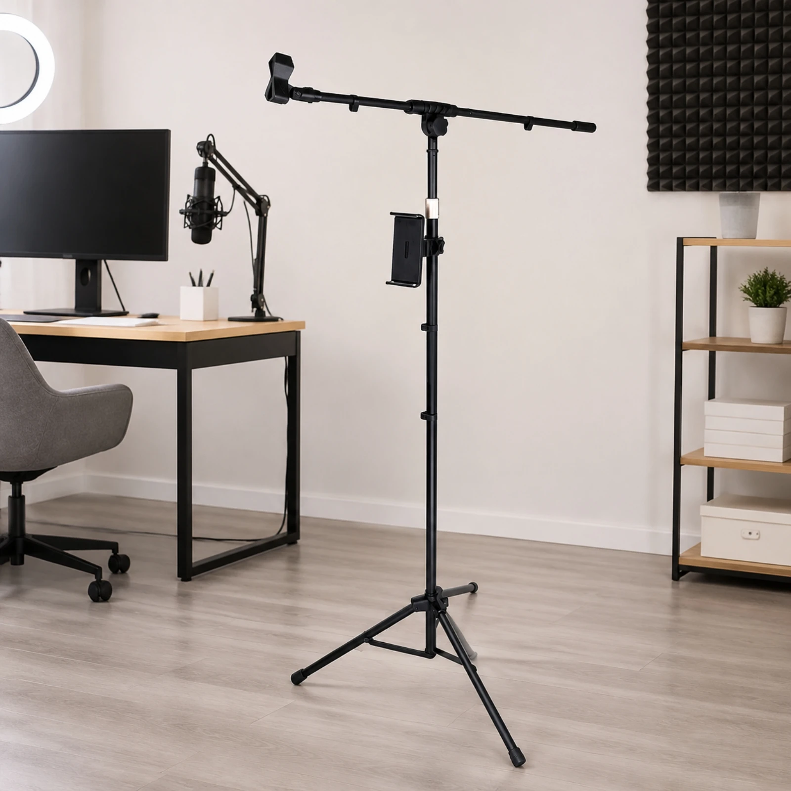 Tripod Mic Stand with Tablet Holder Long-Lasting Adjustable Extendable-Arm Mic Stand Portable Space-Saving for Live Broadcasting
