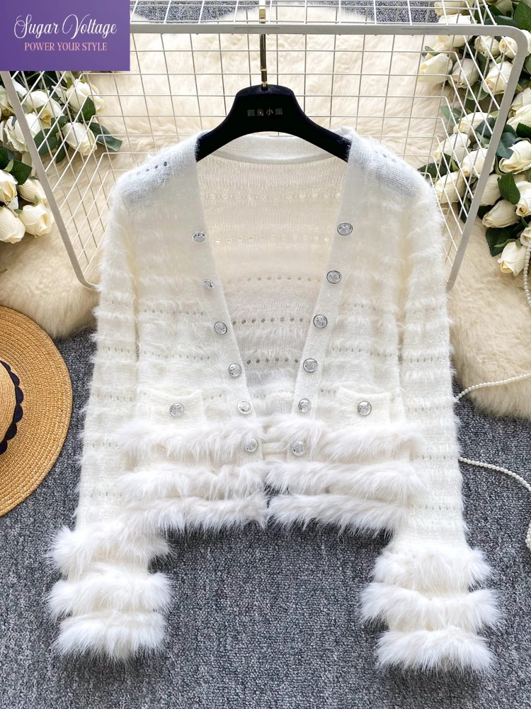 

Французский модный шикарный вязаный кардиган для женщин на пуговицах с v-образным вырезом, нечеткий лоскутный осенне-зимний милый сказочный стиль, ажурный свитер, куртка