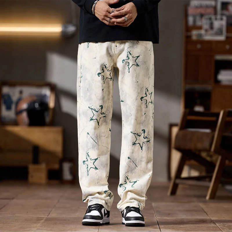 

Men's High-end Trendy Graffiti Star Print Jeans, High Street Loose Straight Leg New Trendy Street Casual American Retro Pants