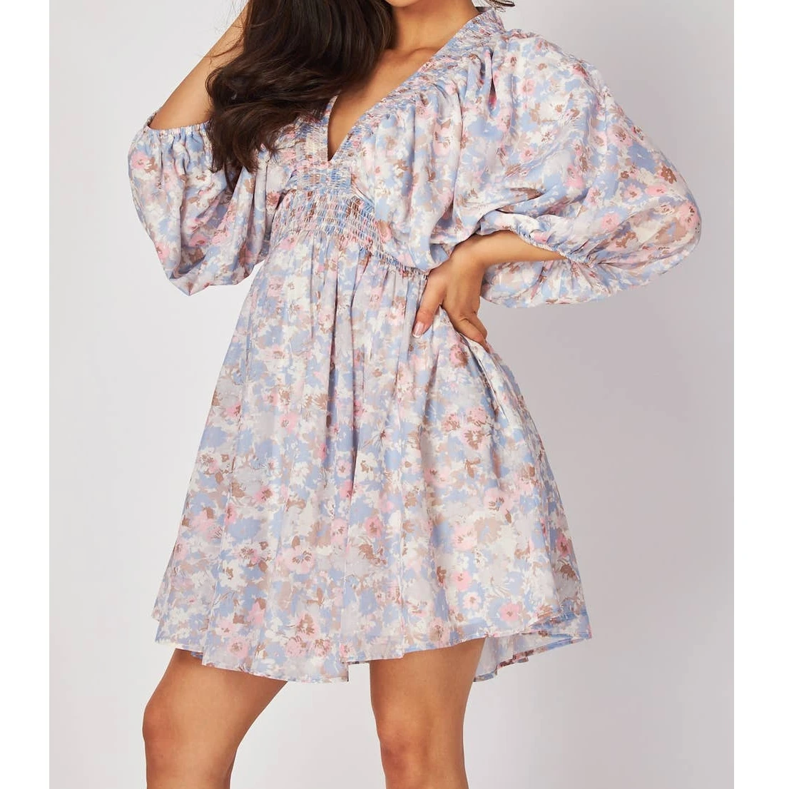 Mini abito da donna elegante autunno al ginocchio manica lunga scollo a V profondo stampa floreale abito da festa abiti traspiranti