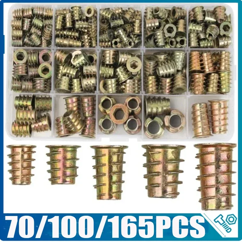 70/100/165pcs M4 M5 M6 M8 M10 Metal Hexagon Hex Socket Allen Head Embedded Insert Nut E-Nut Assortment Set Kit Box for Wood