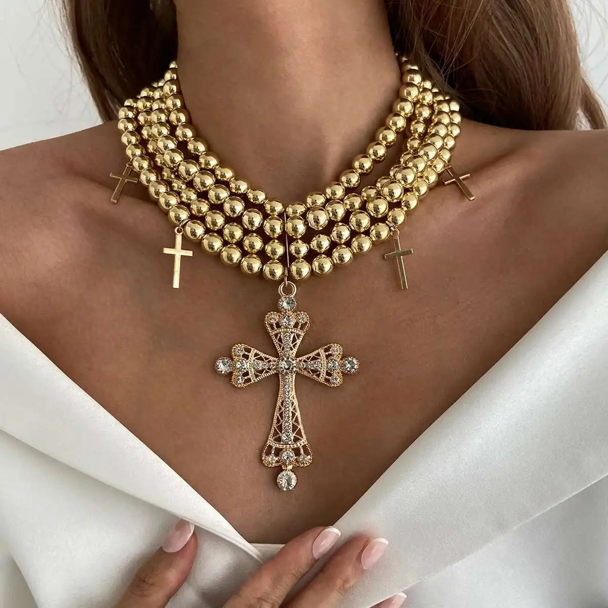 SHIXIN Punk Inlaid Rhinestone Big Jesus Cross Pendant Necklace for Women Exaggerated Multi Layer Gold Color CCB Beaded Choker