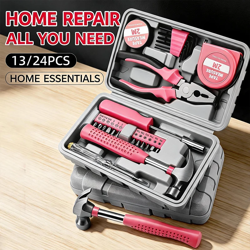 13/24Pcs Pink Home Tool Kit Portable Household Repair Hand Tool Set Hammer Pliers Screwdriver Tape Measure Hardware Storage Box