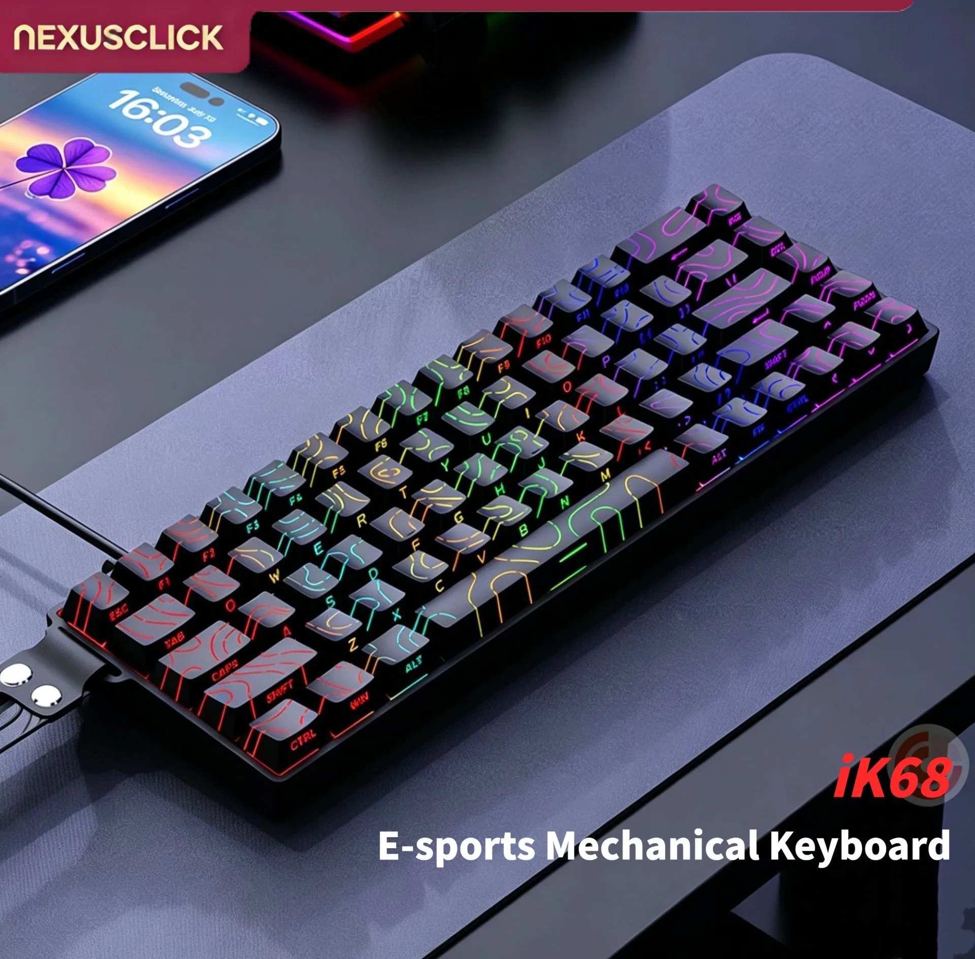NexusClick iK68 Wired Mechanical Gaming Keyboard,Hot Swappable Switch RGB Side Print Contour Keycap Detachable Type‑C for Gamer