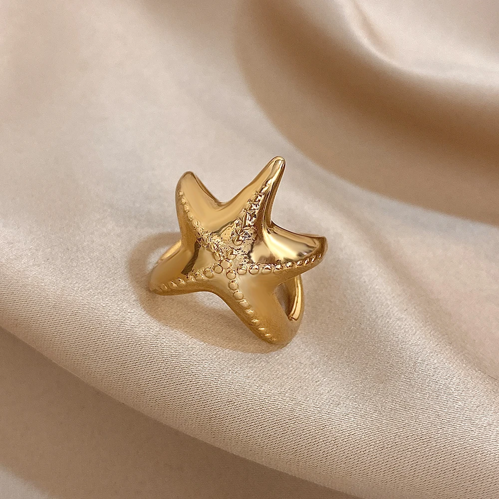 Greatera Dreidimensionaler Seestern-Ring für Herren und Damen, Edelstahl, Delikatesse, wasserdicht, goldfarbenes Design, Persönlichkeitsschmuck