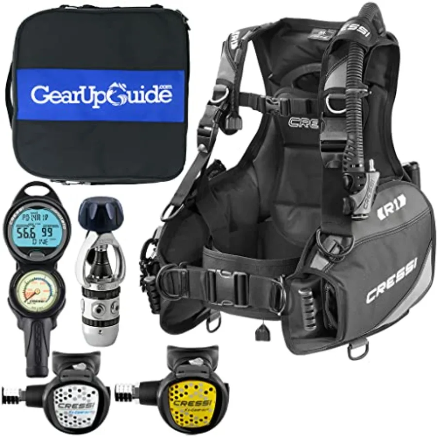 

Scuba diving gear package for recreational use: nylon and rubber, black and gray, includes R1 BCD, Donatello C2 dive computer,