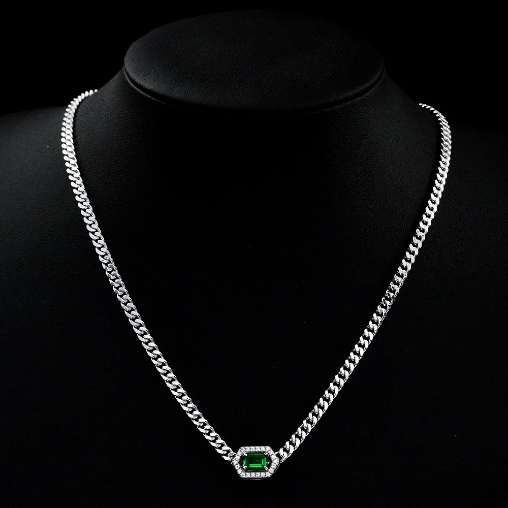 

2023 New 925 Silver 1 Carat 5 * 7 Cultivated Emerald Cuban Chain Unisex Style Necklace 40+3cm