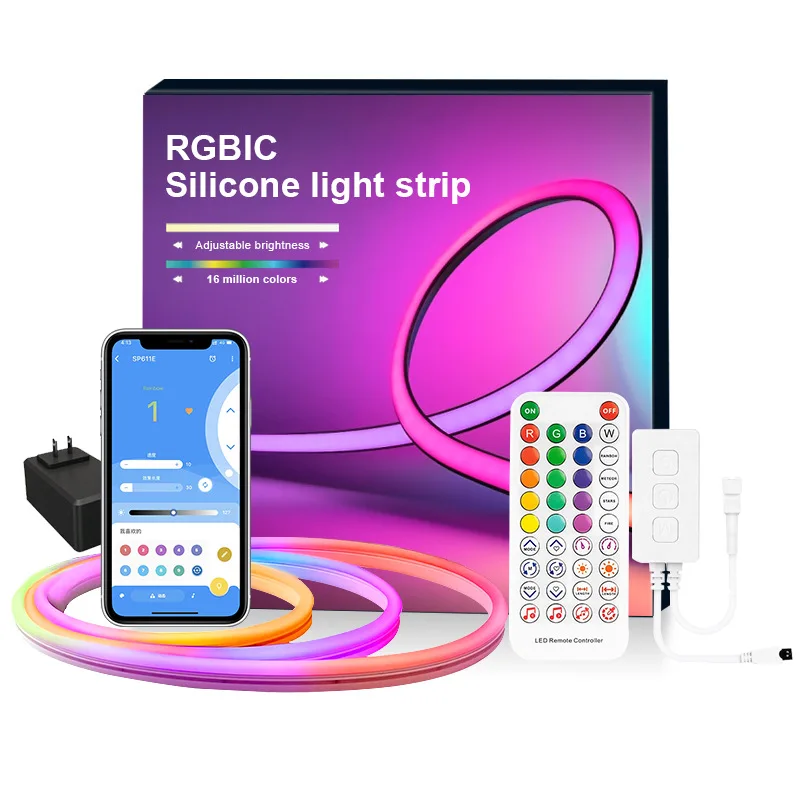 

24V LED Neon Strip Bluetooth Mesh Music Dreamcolor T0817 Silicone Light Tape WS2811 RGBIC 84 LEDs Remote Control Power Kit