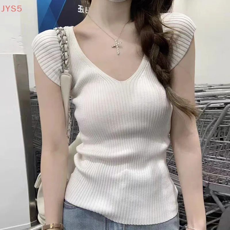 Damska dopasowana koszulka z dekoltem w serek, elastyczna, modna, codzienna, dzianinowa, w jednolitym kolorze.