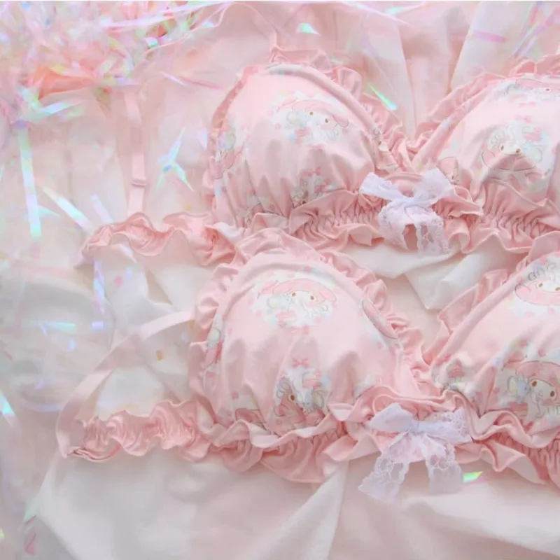Cute Cartoon Pattern Rabbit Cat Japanese Bra Girl Sweet Bow Lace Underwear No Wires Small Breast Push Up Bra Set Holiday Gift - view 4
