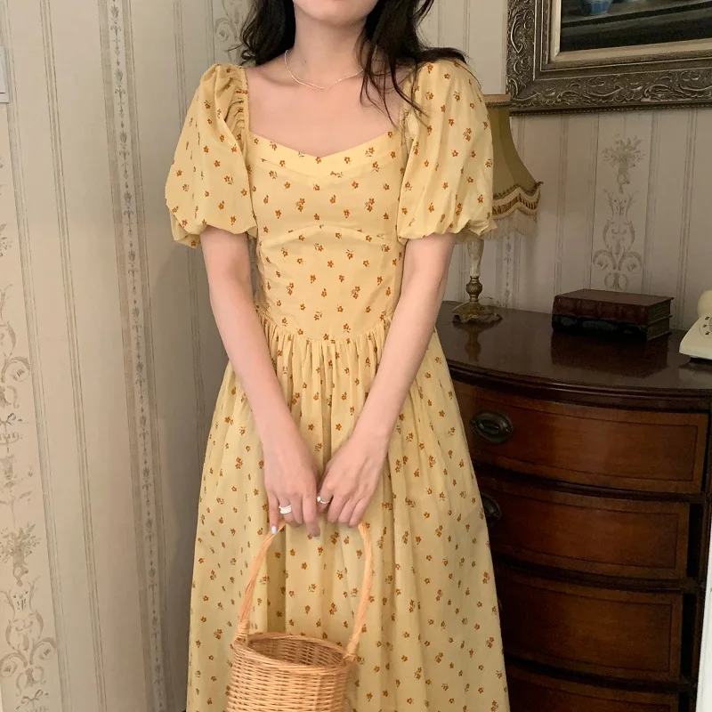 Damska letnia kwadratowa elegancka długa sukienka z kołnierzykiem 2025 kwiatowy Print bufiaste rękawy długie sukienki świąteczne Midi ubrania damskie (O1123