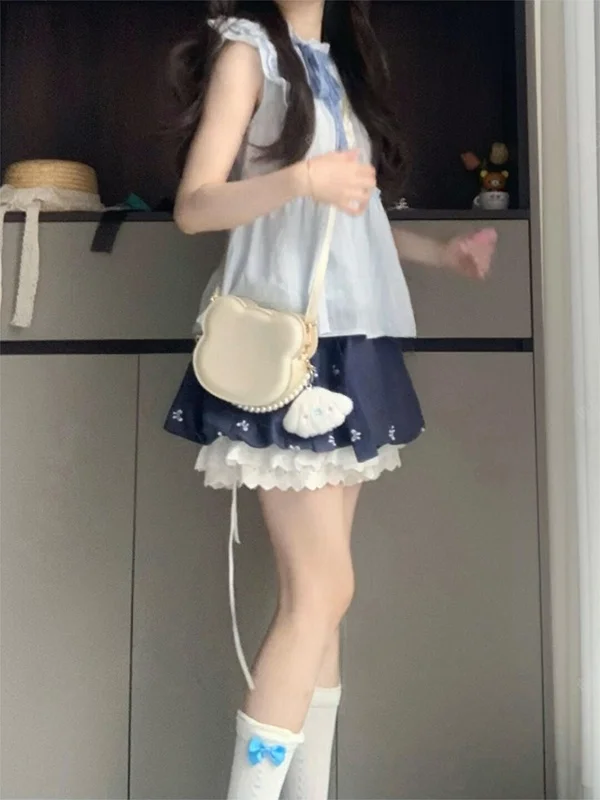 

Комплект Salt Series: топ с рукавами-бабочками и юбка с цветочным принтом в стиле колор-блок для девочек, летний модный комплект в школьном стиле для женщин