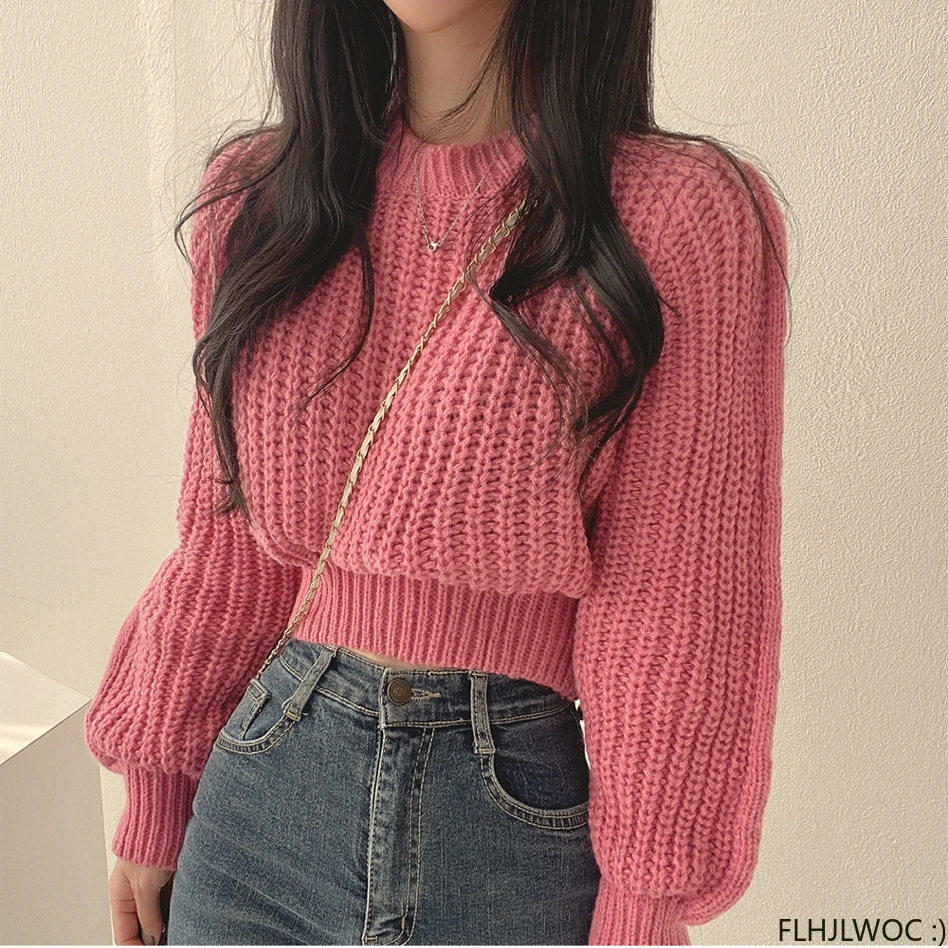 4 Colors 2023 Winter Autumn Knitted Sweater Pullovers New Design Cute Sweet Japan Girls Solid O Neck Short Crop Knit Tops