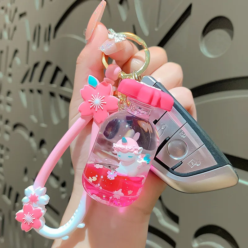 Dream Rotating Cherry Blossom Liquid Keychains Cartoon Unicorn Floating Quicksand Drift Bottle Keyfob Women Car Bag Pendant Gift