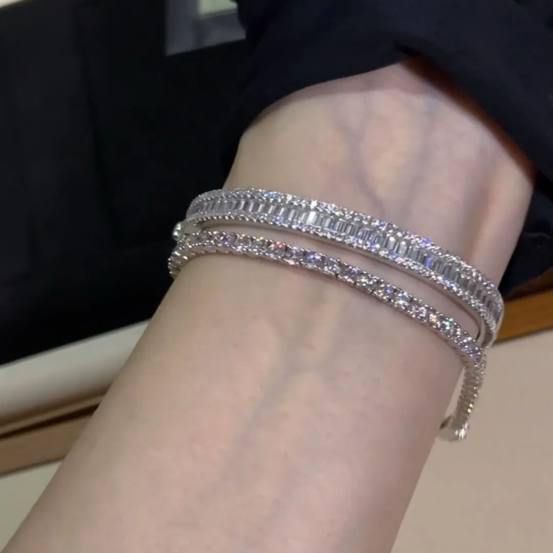 Luxury Full Paved Baguette Cubic Zirconia Bangle Bracelet For Women Silver Color Sparkling Wide Cuff Bangle Party Wedding Gift
