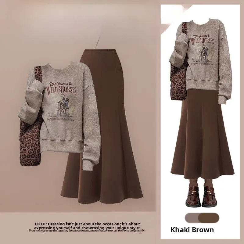 

Cartoon Print Sweatirt Jaet And Slimming Fi Tail Skirt Two Piece Set Women's Faion Casual mat Sle Outerwear