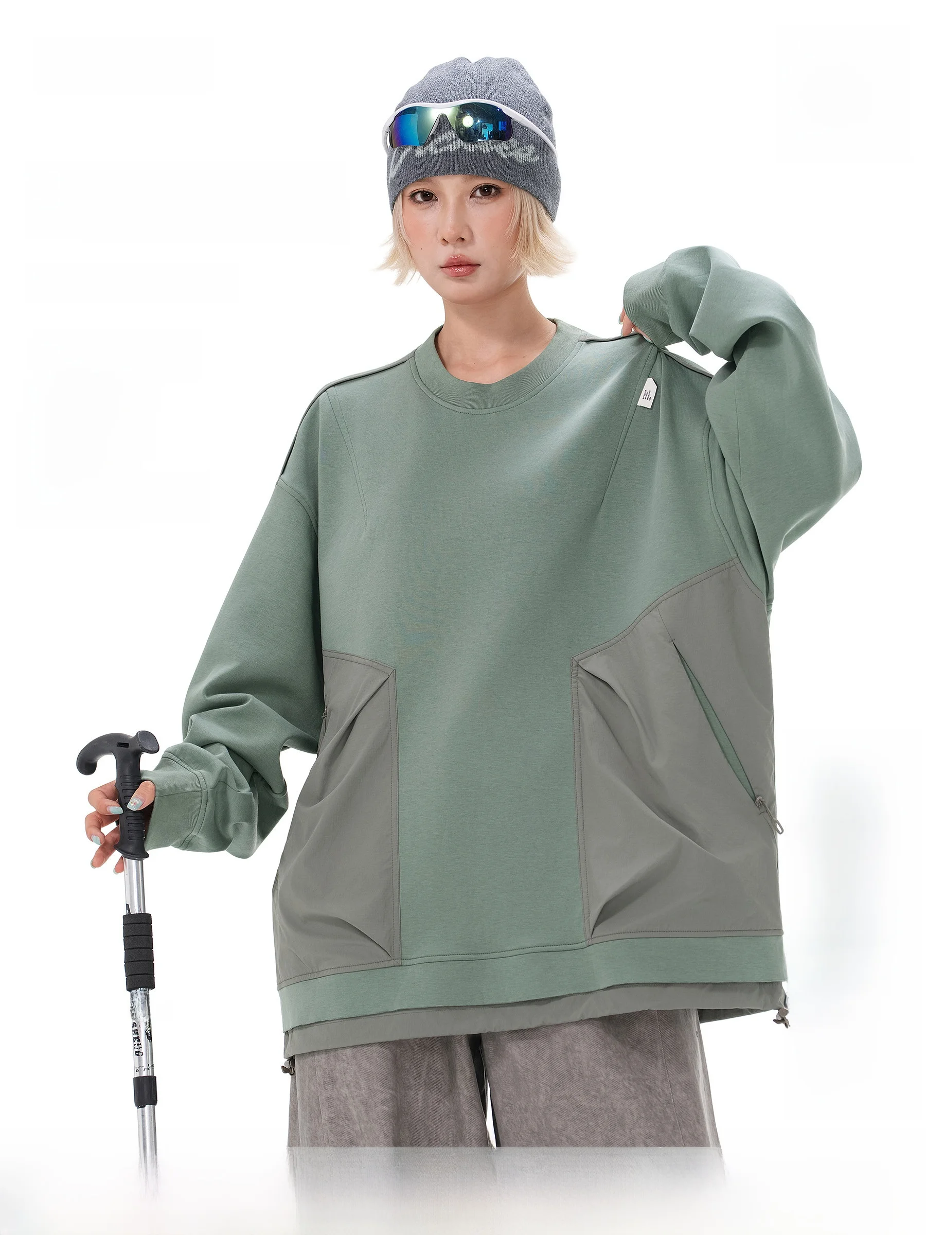 AOGZ Outdoor Color Block Sweatshirt with Large Pockets round Neck New Arrival Cotton Casual Comfortable Unisex Sweatshirt