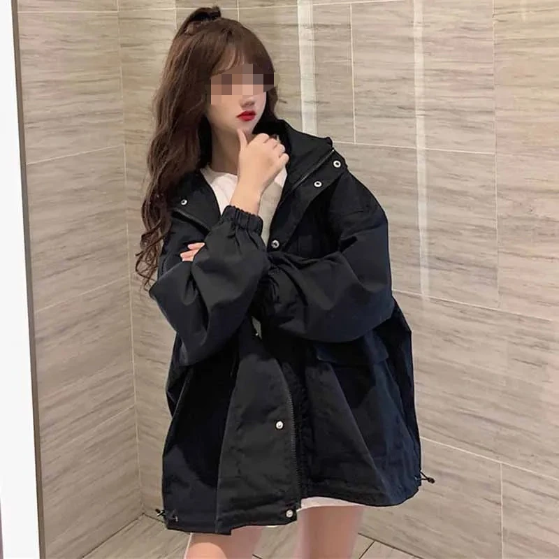 

Women Students New Hooded Bilayer Workwear Lined Windbreaker Jacket Female Korean Loose Fit Black Hooded Windbreaker Coat