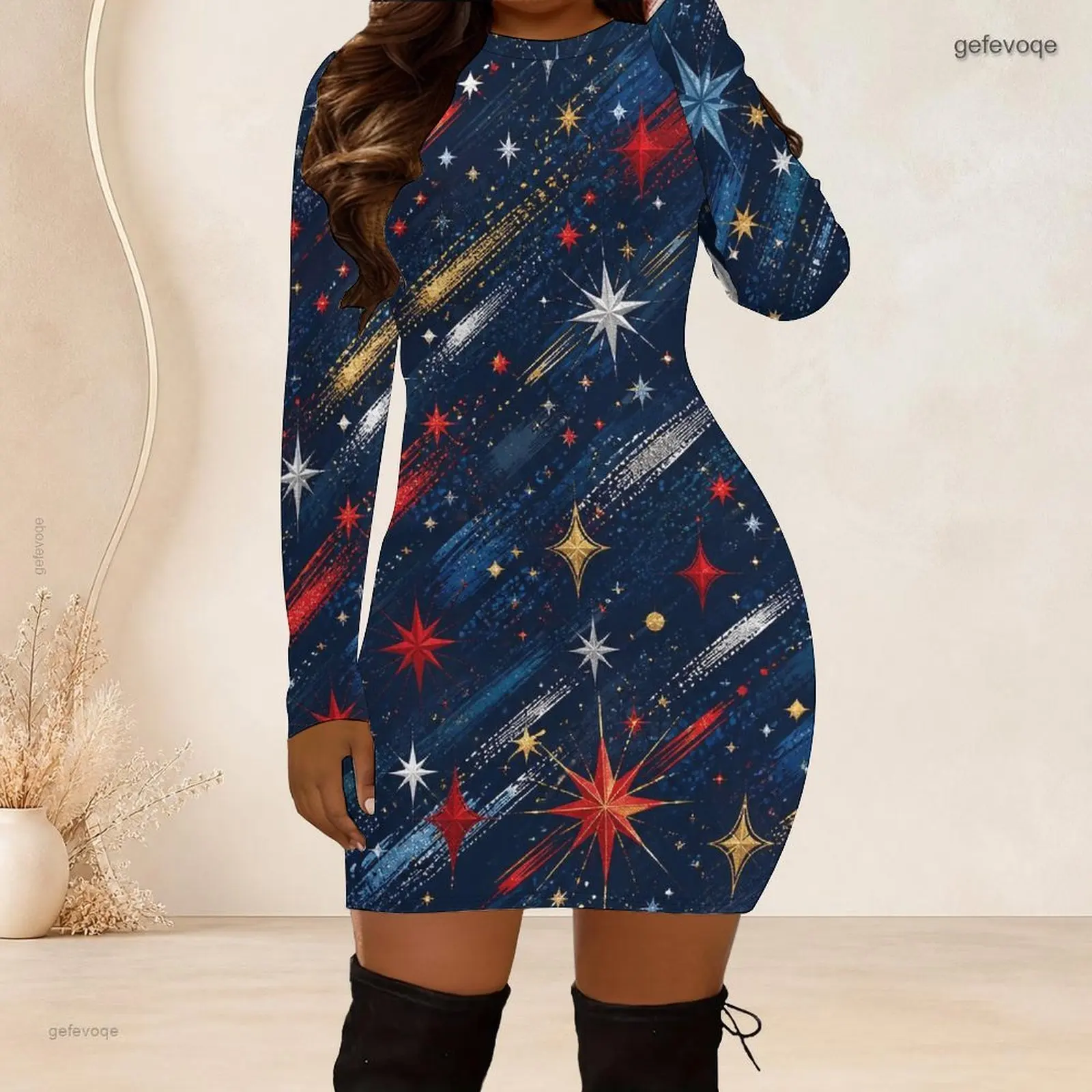Women Crew Neck Long Sleeve Bodycon Mini Dress Slim Fitted Pencil Short Dress Custom Print Ladies Club Party Dresses