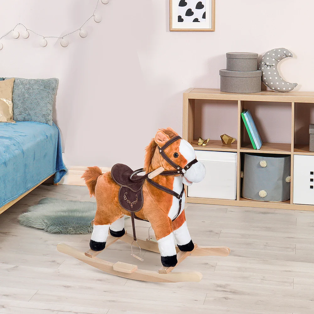 Kids Plush Toy Rocking Horse Ride on with Realistic Sounds -  Brown